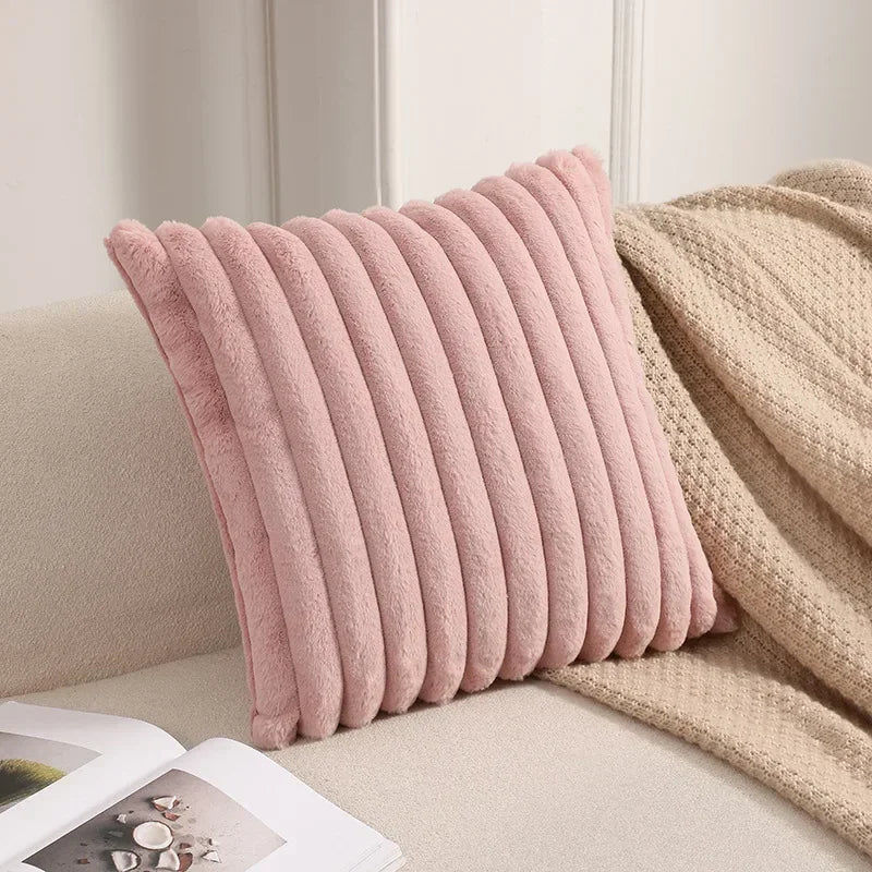 Faux Rabbit Fur Cushion Cover – Plush Soft Fluffy Striped Decorative Pillowcase for Luxury Sofa Home Decor