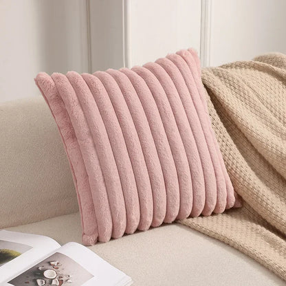 Faux Rabbit Fur Cushion Cover – Plush Soft Fluffy Striped Decorative Pillowcase for Luxury Sofa Home Decor