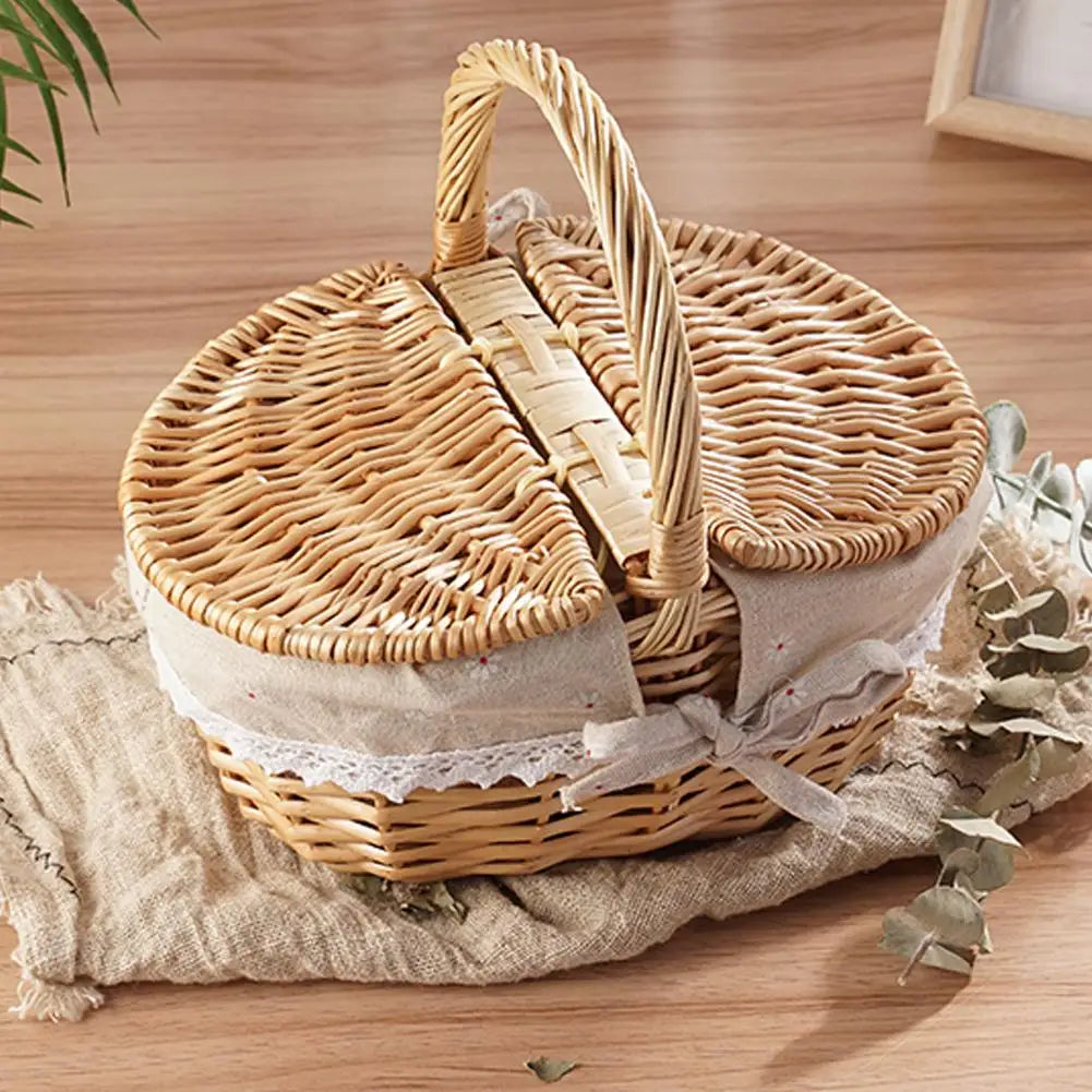 Handmade Wicker Picnic Basket with Handle – Multi-Purpose Willow Woven Storage Hamper for Outdoor Camping and Fruit