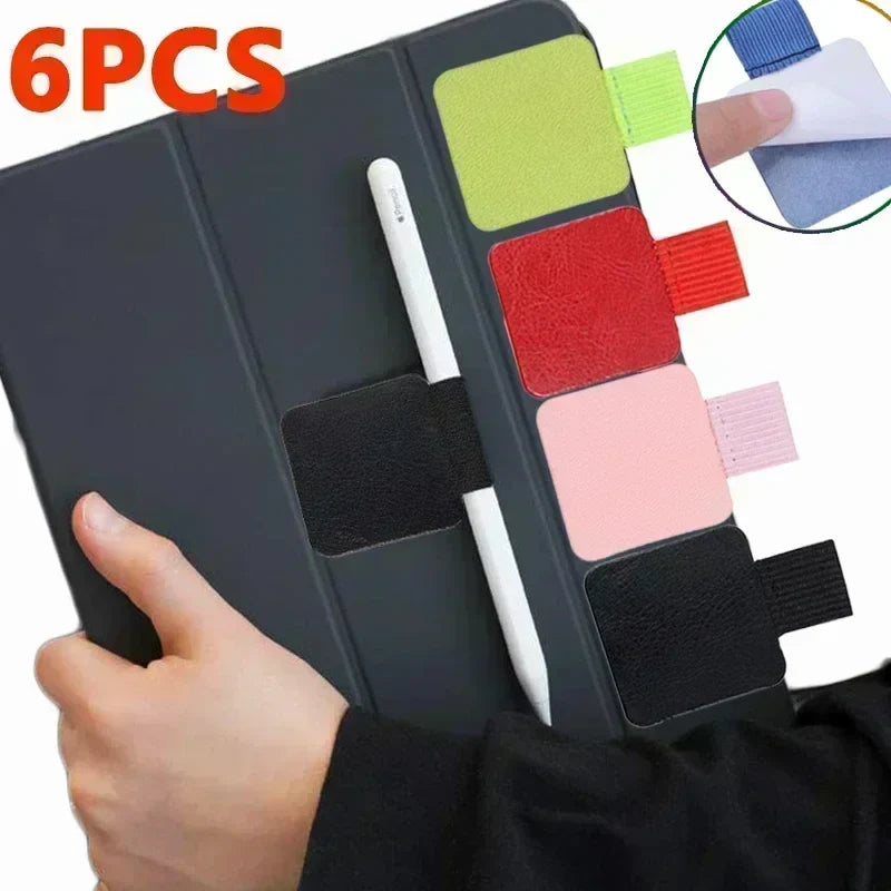 6-1pcs Self-Adhesive Pen Loops and Pencil Holders - PU Leather Pad for Stylus, Pencils, Notebooks, Anti-Lost and Anti-Fall Elastic Loops