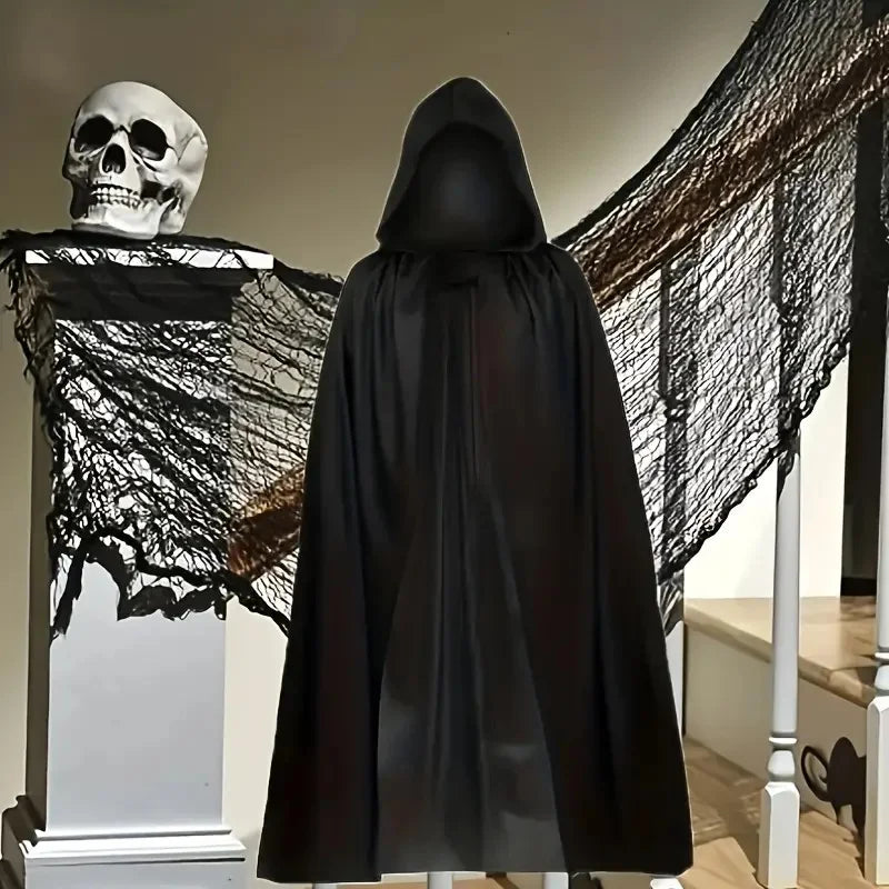 Unisex Halloween Hooded Black Cloak Witch Robe Long Cape Cosplay Costume Party Prop