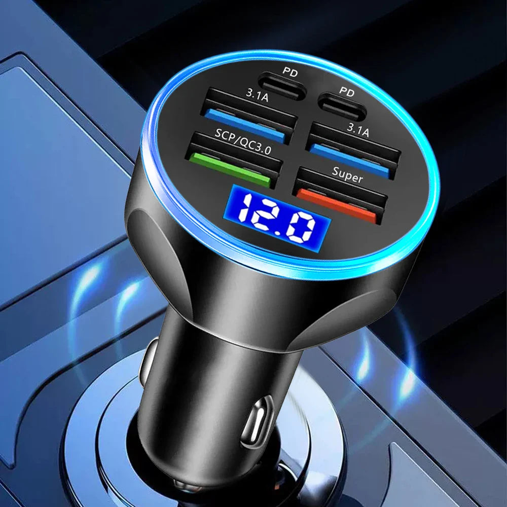 66-250W PD Car Charger – QC3.0 Fast Charge, 1-to-6 Cigarette Lighter Plug with Digital Display
