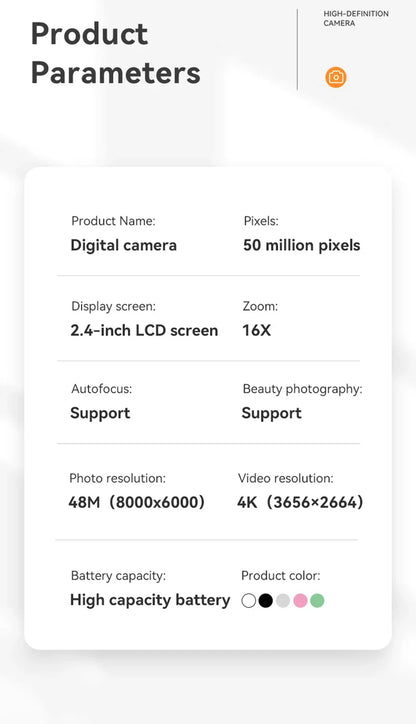Xiaomi 4K Digital Camera – 50MP, 16X Zoom, Anti-Shake, Flash, Outdoor Student Video Recorder