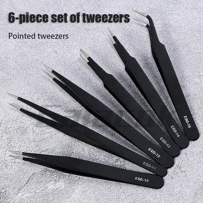 6PCS Anti-Static Stainless Steel Precision Tweezers Set – Curved Industrial Repair Tools for Electronics, Model Making & Maintenance