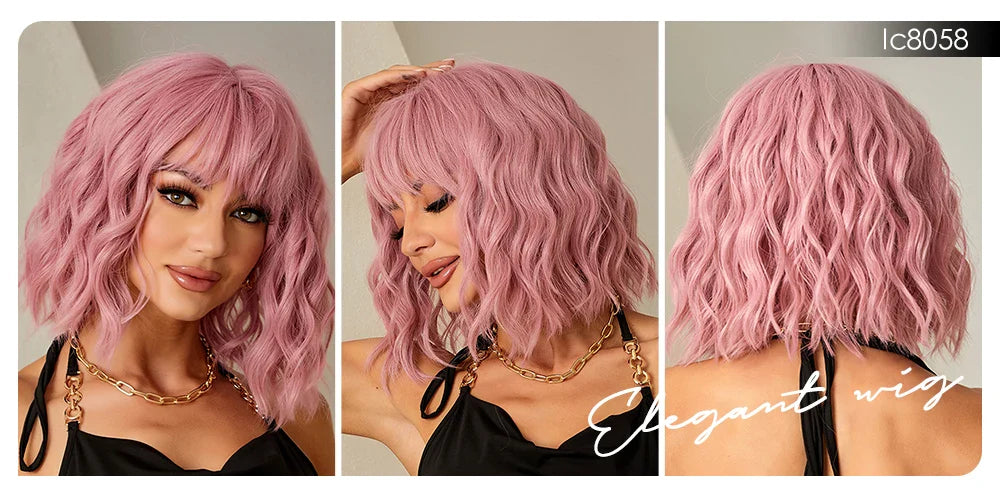 CharmSource Pink BOBO Short Synthetic Wig – Natural Wavy Heat Resistant Hair Wig for Women, Party & Daily Wear
