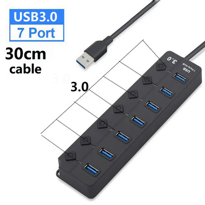 USB 3.0 Hub — 7-Port High-Speed Splitter with Power Adapter, Switch & Long Cable Expander