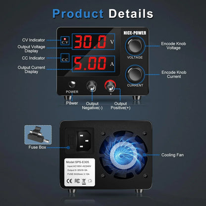 DC Programmable Power Supply — 30V 10A / 60V 5A / 120V Adjustable Laboratory Bench Source with 4-Set Memory Storage Functions