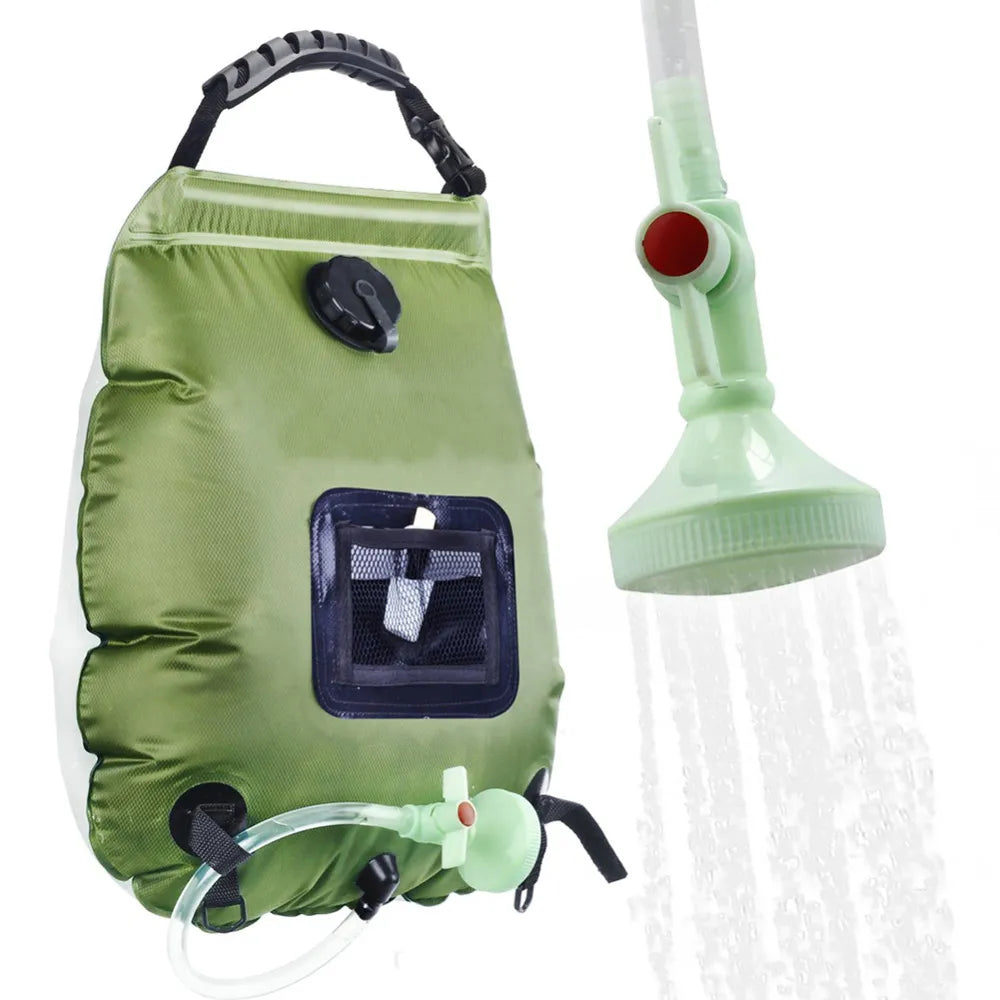 Portable 20L Outdoor Solar Camping Shower Bag - Heating Bathing Water Storage with Hose and Switchable Shower Head for Hiking and Camping