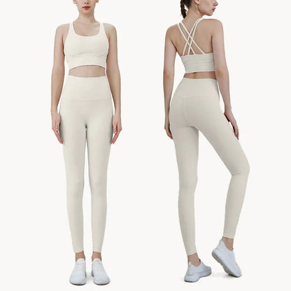 Summer 2 Piece Women's Yoga Tracksuit - Cross-Back Nylon Top and Leggings Athletic Set for Pilates and Fitness