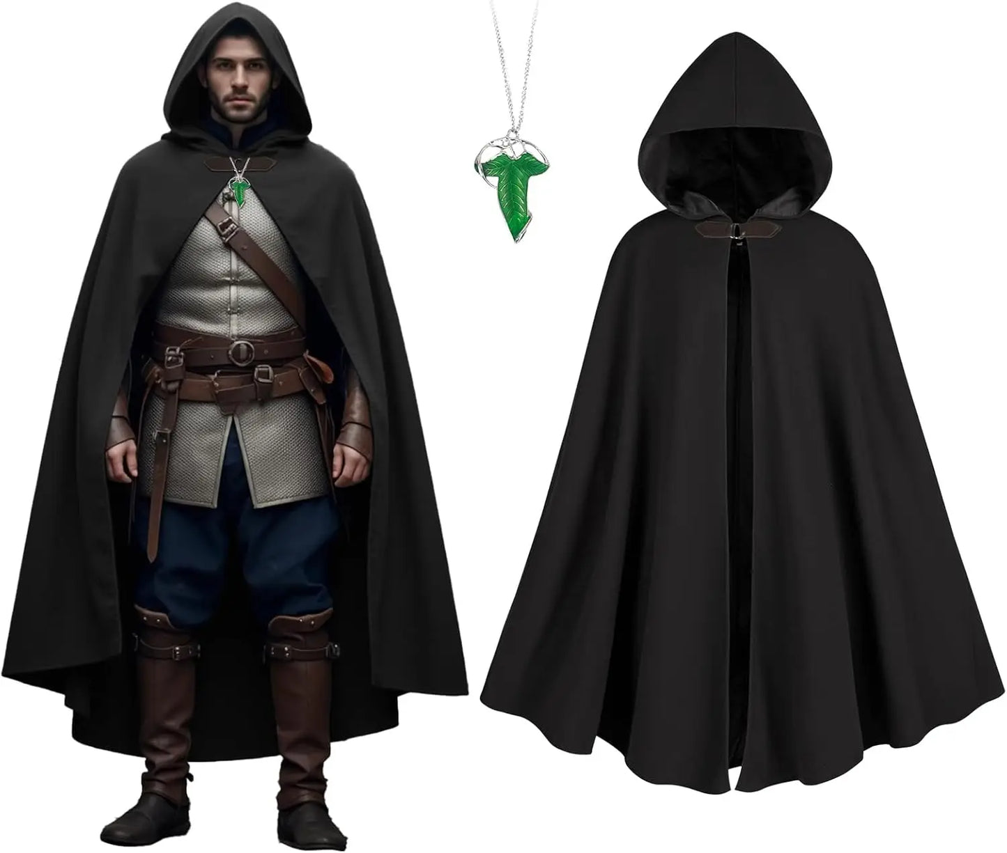Men’s Medieval Hooded Cloak – Round Metal Buckle with Green Leaf Brooch Necklace for Halloween Costume