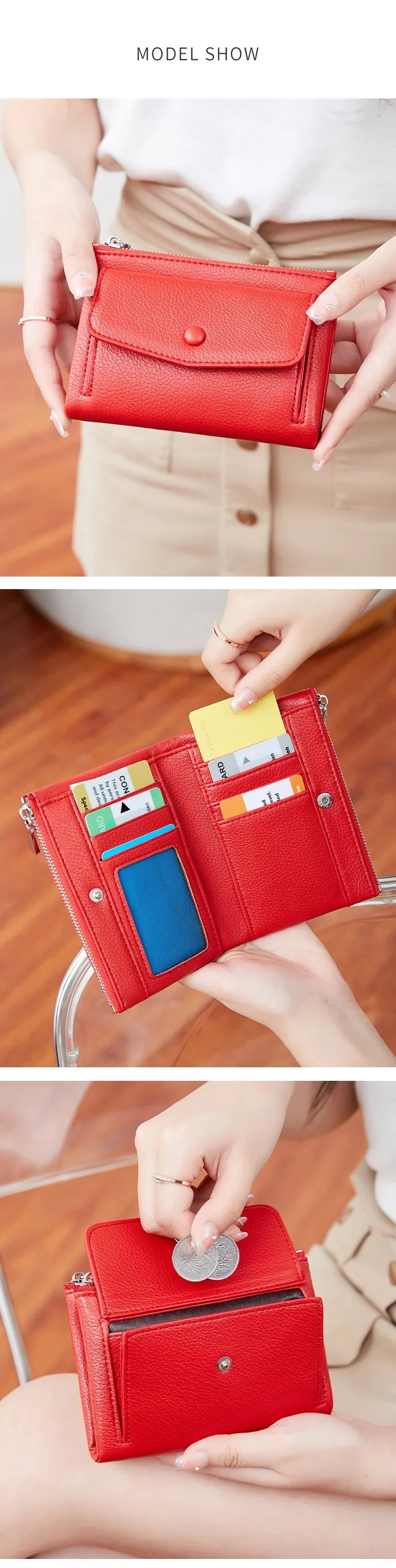 Women’s PU Leather Short Double Zipper Wallet – Simple Solid Color, Large Capacity Credit Card Holder with Coin Pocket