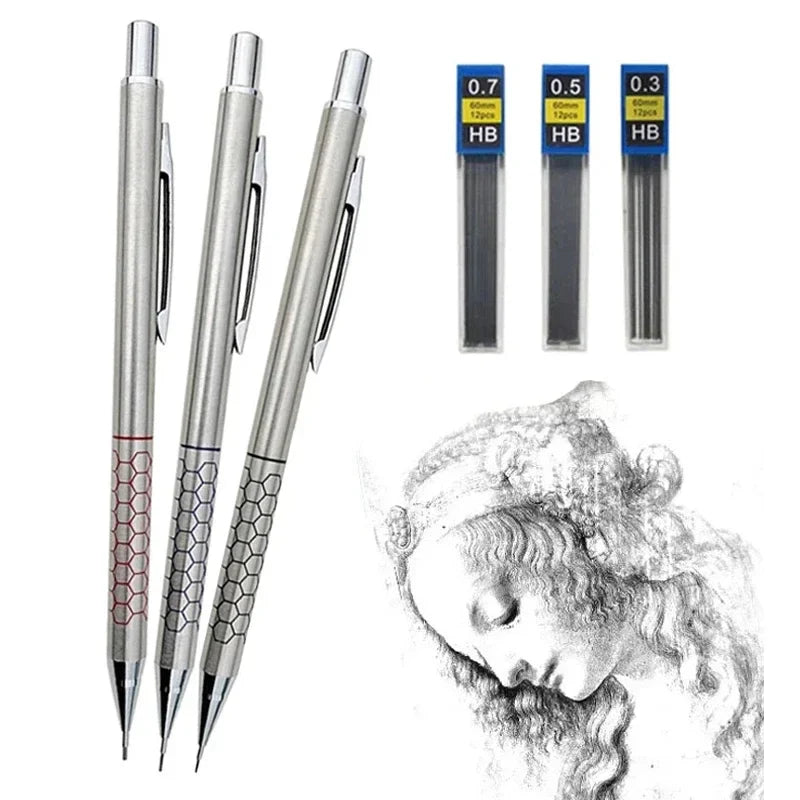 3-Pack Metal Mechanical Pencil Set 0.5mm 0.7mm 0.9mm with Eraser & HB Lead – Precision Drawing & Writing Stationery