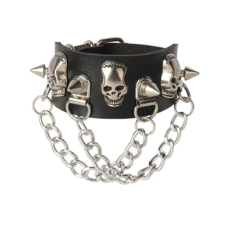 Punk Rock Hip Hop PU Leather Bracelet – Unisex Skull, Pentagram & Rivet Chain Bracelet, Trendy Party Jewelry Accessory