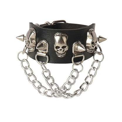 Punk Rock Hip Hop PU Leather Bracelet – Unisex Skull, Pentagram & Rivet Chain Bracelet, Trendy Party Jewelry Accessory