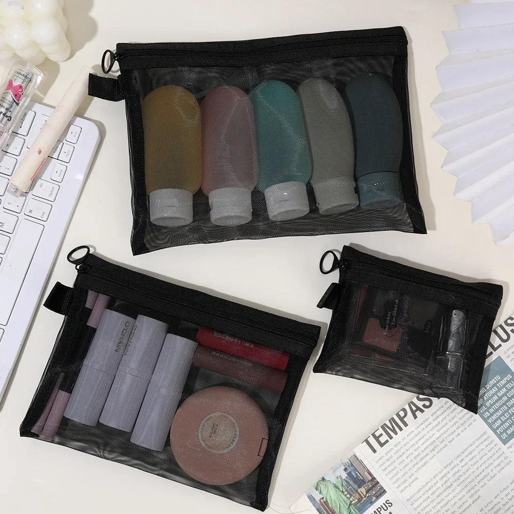1/3pcs Mesh Clear Cosmetic Bags — Small & Large Black Makeup Travel Organizer Pouches for Toiletries & Lipstick Storage