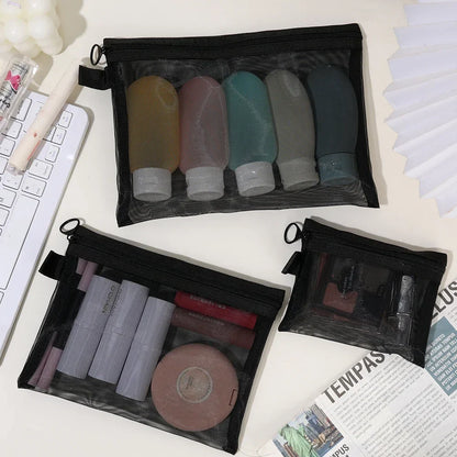 1/3pcs Mesh Clear Cosmetic Bags — Small & Large Black Makeup Travel Organizer Pouches for Toiletries & Lipstick Storage