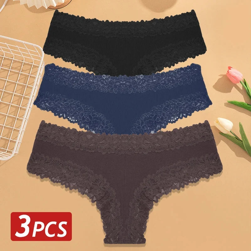 3PCS Women’s Cotton Lace Panties Set - Low Waist Brazilian Bikini Underwear Soft Floral Lingerie T-Back Style