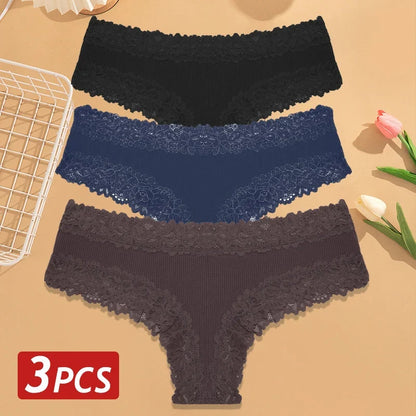 3PCS Women’s Cotton Lace Panties Set - Low Waist Brazilian Bikini Underwear Soft Floral Lingerie T-Back Style