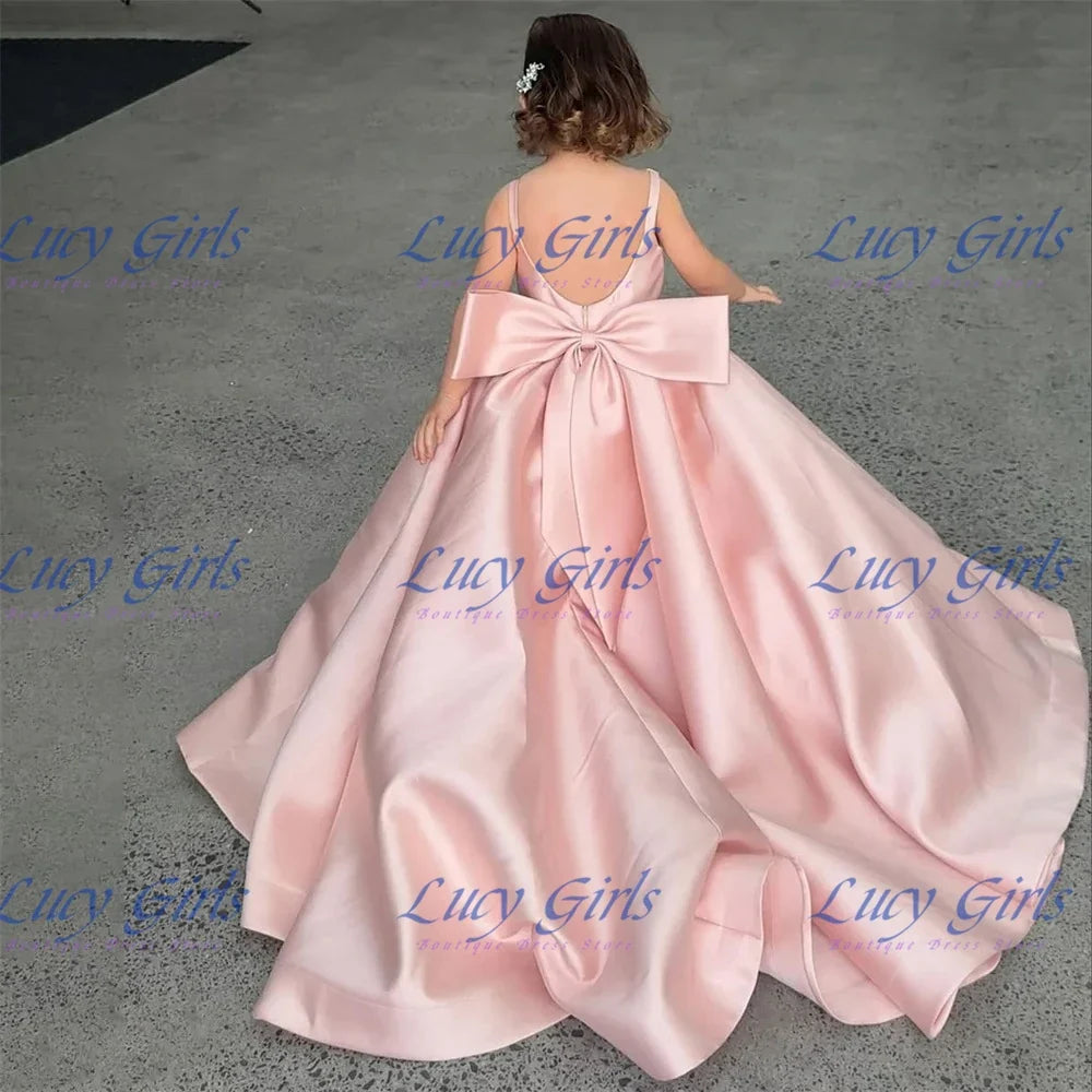 Lovely Satin Flower Girl Dress - Fluffy Bow Wedding & Birthday Party Gown for Kids