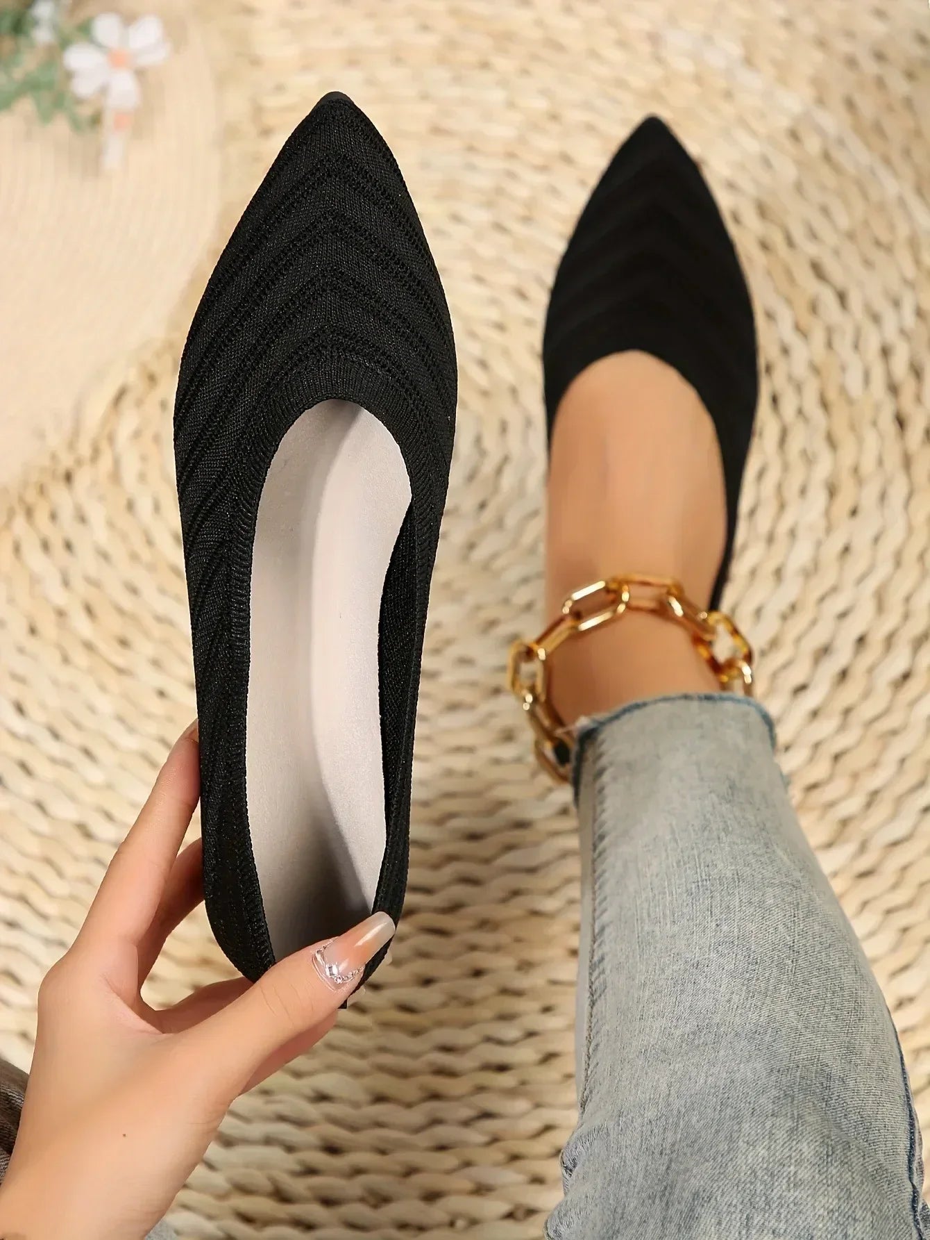 Women’s Pointed Toe Knitted Slip-On Flats – Solid Color Casual Breathable Ballet Loafers