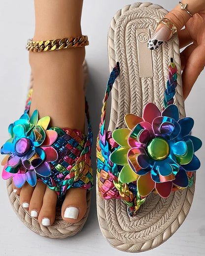 Women's Braided Floral Flip Flops - Flat Open-Toe Vacation Sandals
