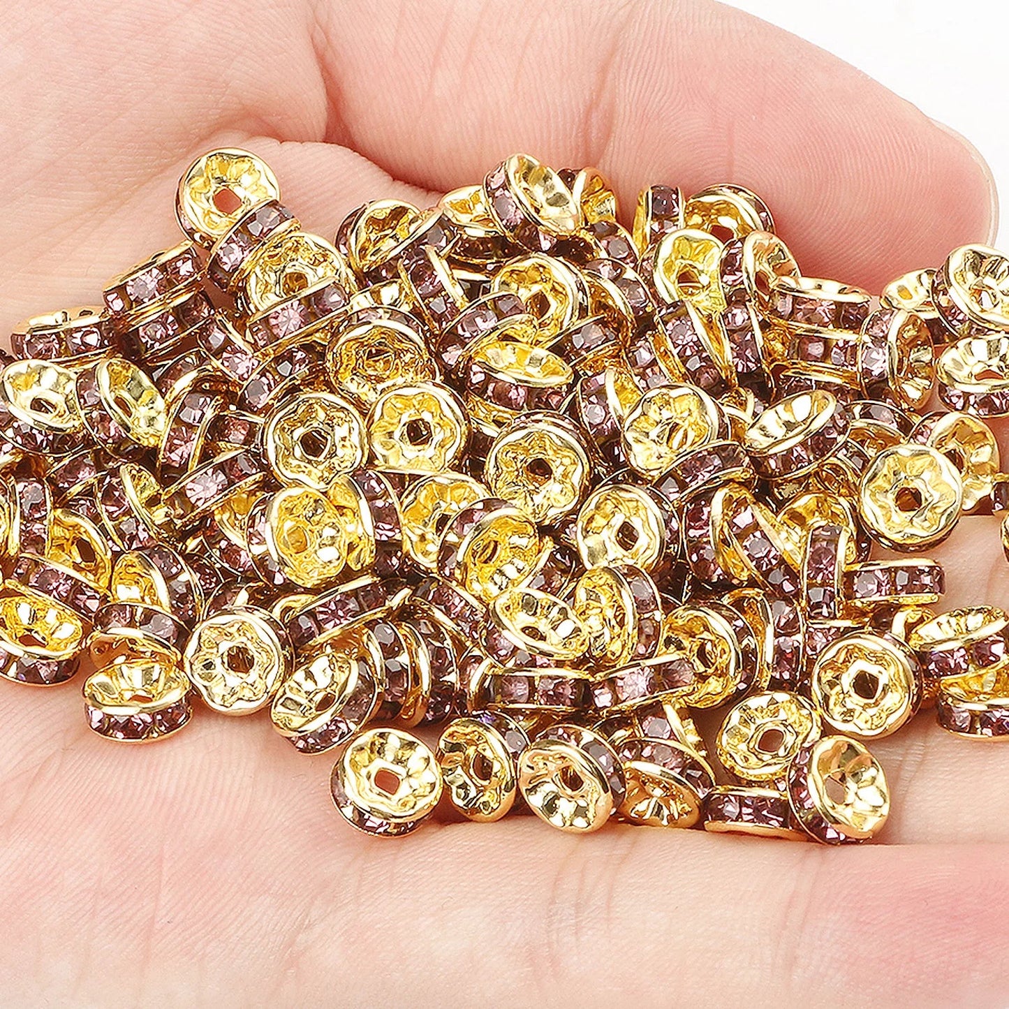 50PCS Rhinestone Spacer Beads Set – Multi-Color Crystal Rondelle Metal Beads for DIY Jewelry & Bracelet Making