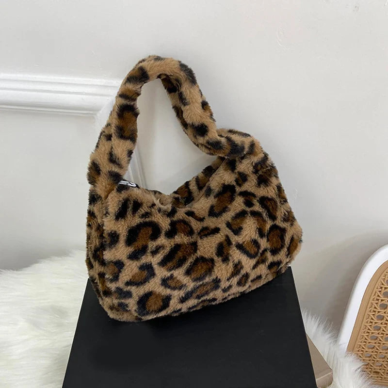 Leopard Plush Tote Bag - Soft Casual Underarm Shoulder Handbag for Women