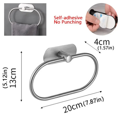Stainless Steel Self-Adhesive Towel Holder – Black Bathroom & Kitchen Rack, Washhand Hanger Ring Bar