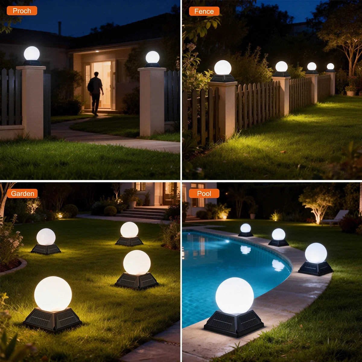 Solar Post Pillar Light - Round Ball Garden Lamp with Remote, Timer, Dimmer and 2400mAh Battery