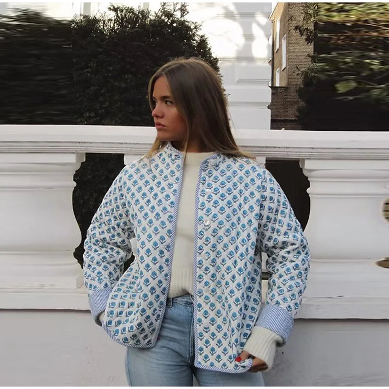 2025 Women’s Printed Quilted Padded Jacket – Collared Cotton Coat with Contrast Piped Pockets, Casual Autumn Outerwear