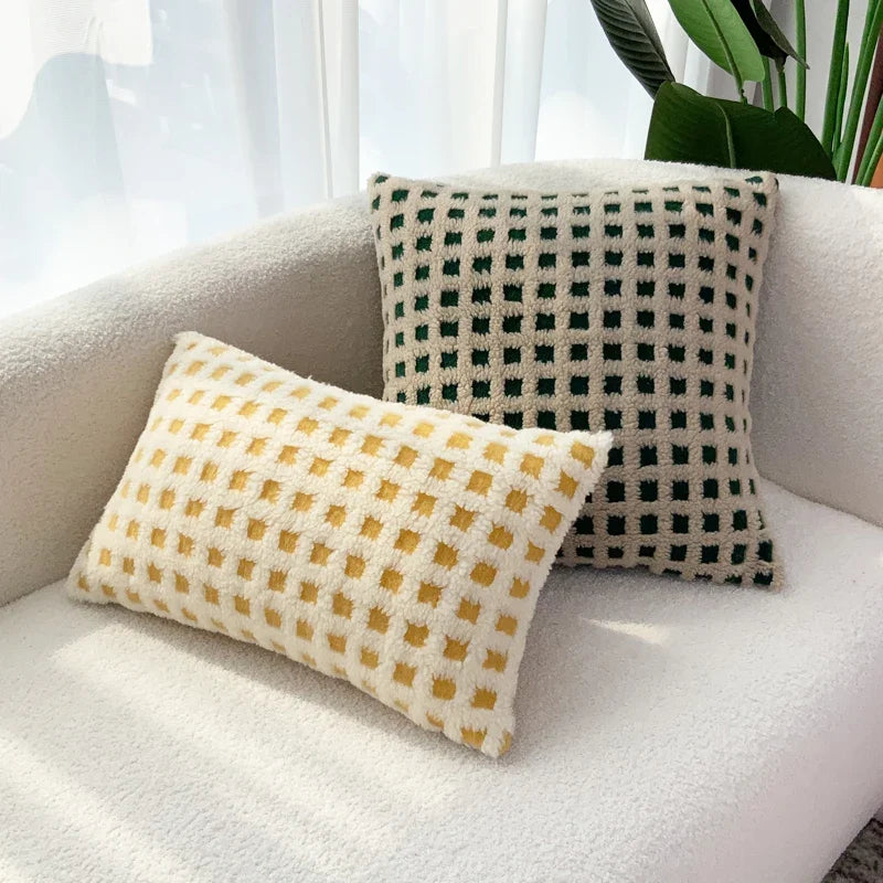 BUYNOW Plush Grid Pillowcase - Cute Decorative Sofa Cushion Cover for Living Room Home Decor