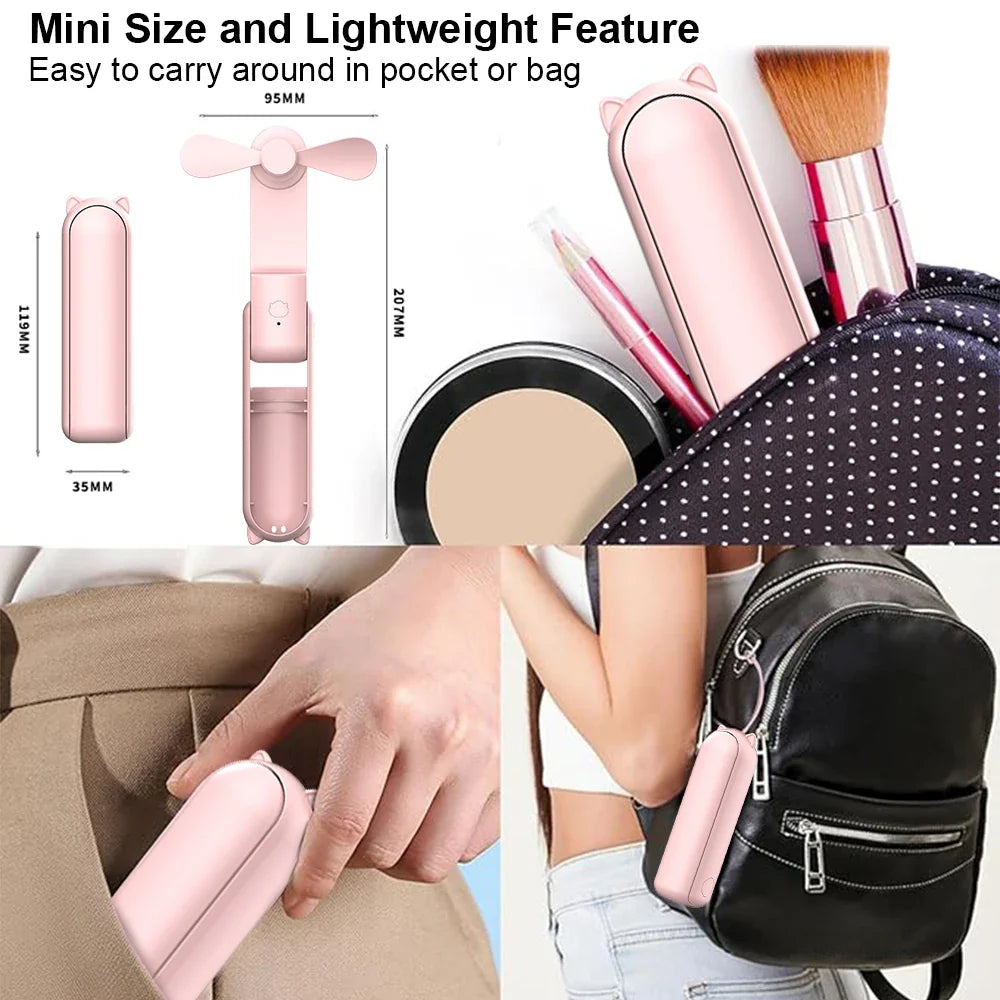 Portable Mini Handheld USB Fan – Rechargeable Folding Pocket Fan with Battery, Cooling Hand Fan and Power Bank Function