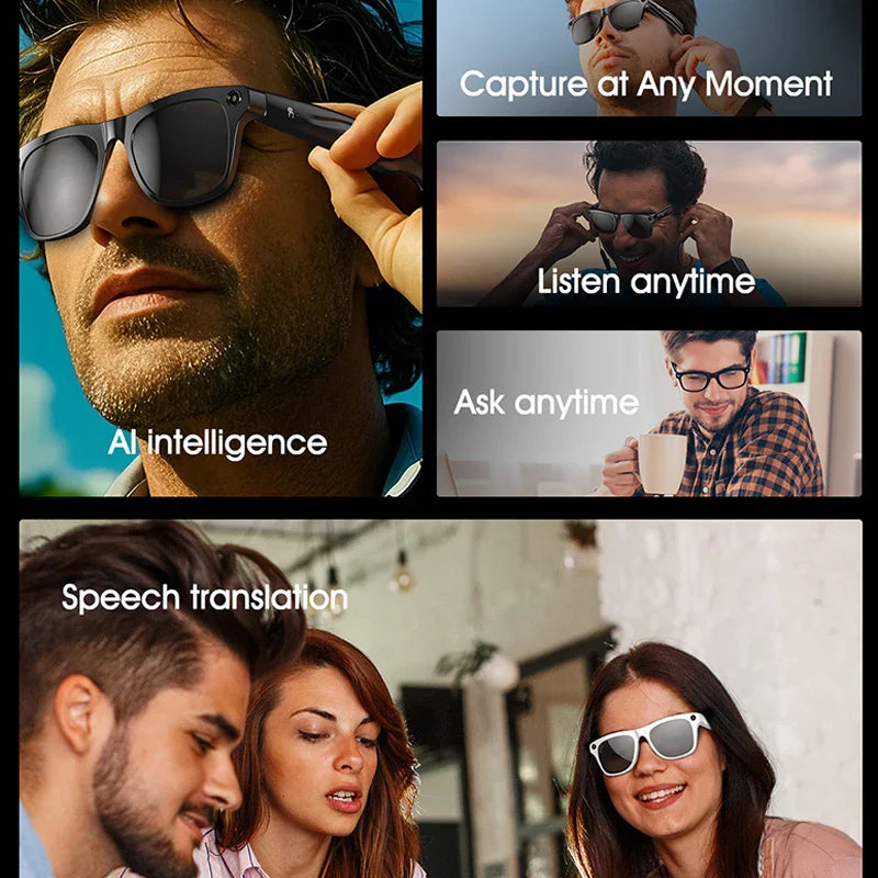 AI Smart Glasses with Camera — Bluetooth Calls, Voice Assistant, Navigation, Waterproof Smart Sports Wearable