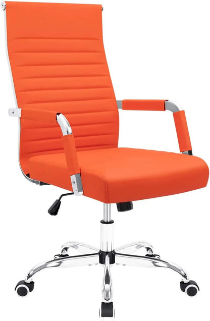 Ribbed Office Desk Chair – Mid-Back PU Leather Executive Swivel Chair with Adjustable Height & Arms for Conference & Task Use