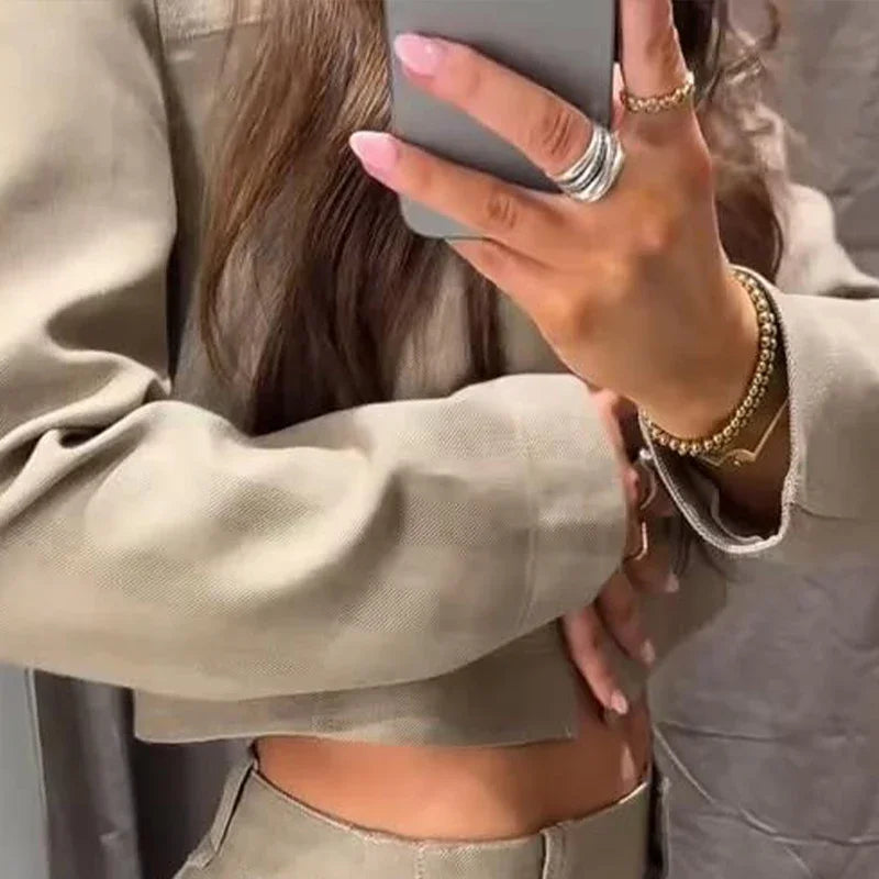 Women’s Cotton Linen Trousers Set — Casual Lapel Crop Top & Straight Pants Streetwear Spring Autumn Outfit
