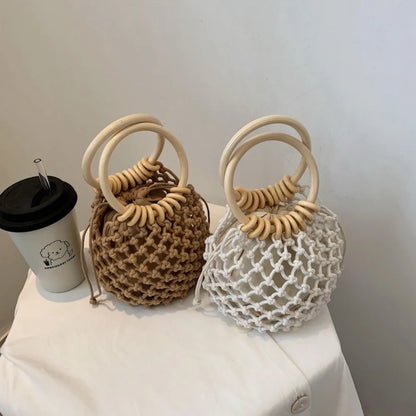Handmade Woven Straw Handbag – Elegant Bucket Tote Wrist Pack for Women, Travel & Leisure