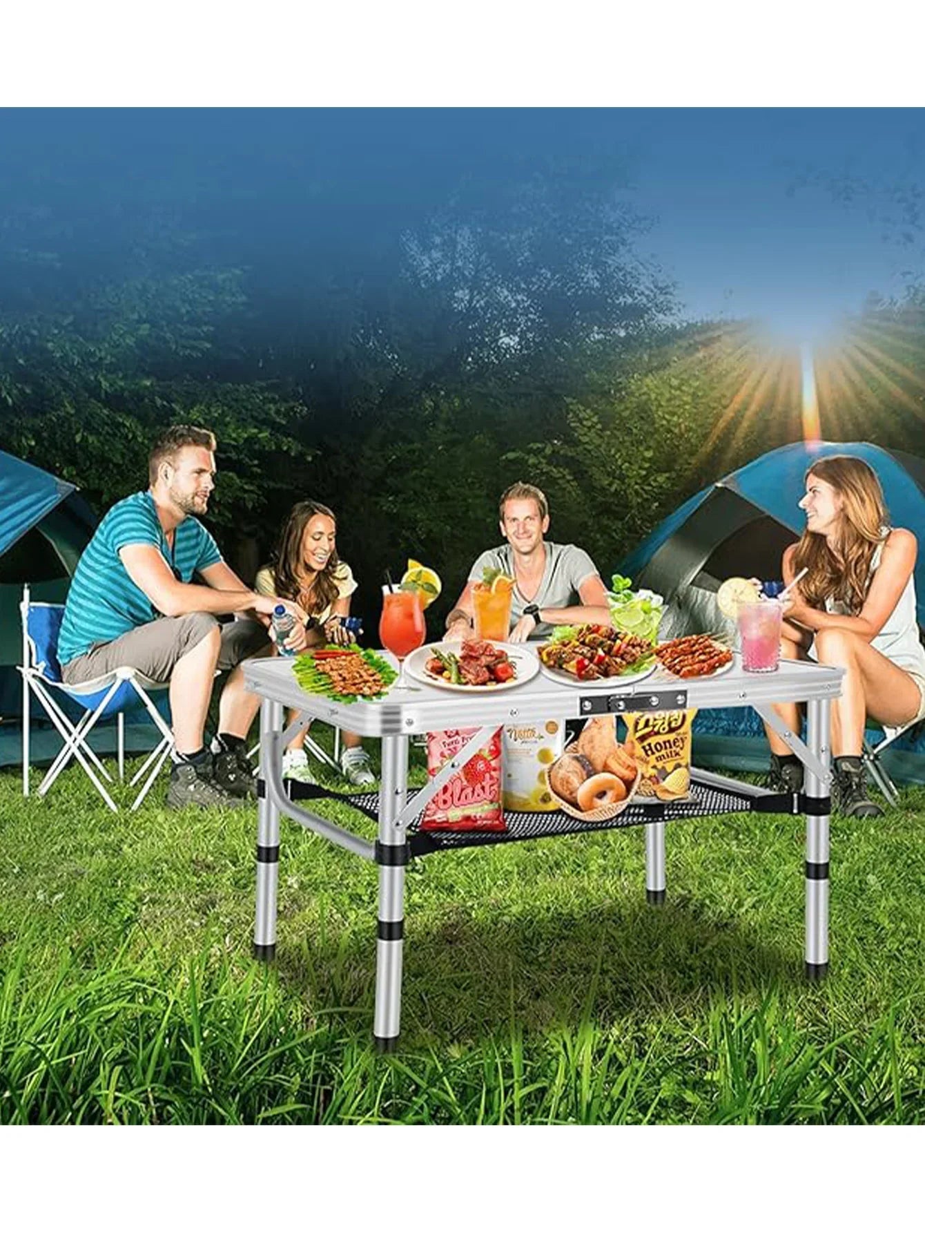 Small Folding Camping Table – Portable Lightweight Aluminum with Adjustable Height, Carry Handle & Mesh Holders for Outdoors