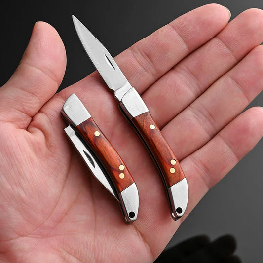2024 Outdoor Camping Pocket Mini Folding Knife - Stainless Steel Blade, Wooden Handle, Keychain EDC Tool