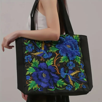 Ethnic Style Flower Embroidery Canvas Tote - Large Capacity Shoulder Bag Handbag for Women