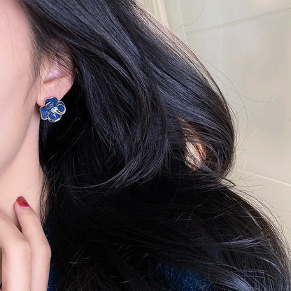 Retro French Blue Camellia Stud Earrings – Elegant Light Luxury Metal Jewelry for Women