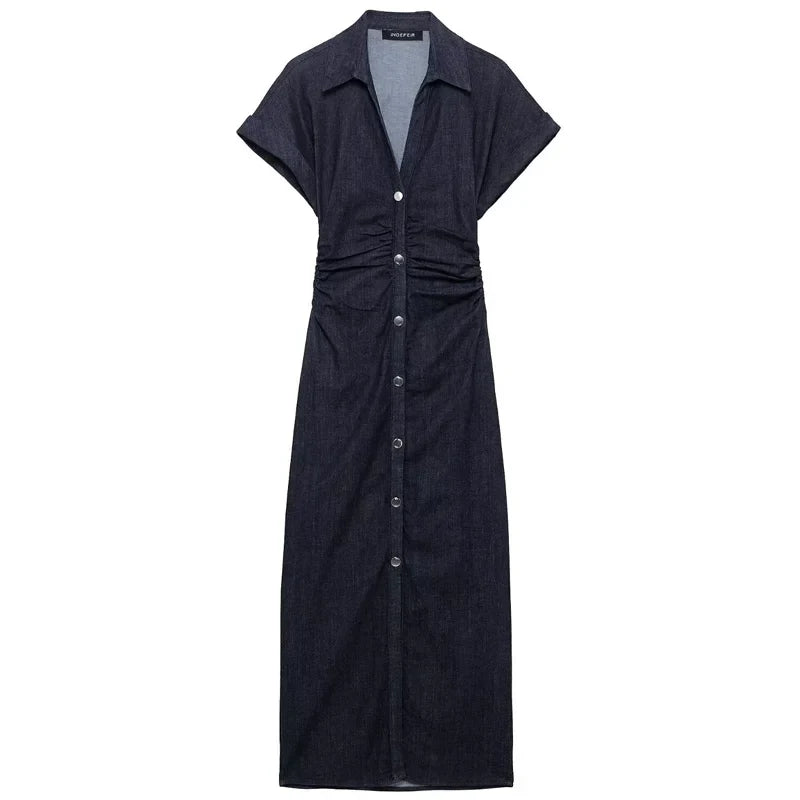 TRAF Women’s Denim Bodycon Dress – Summer 2025 Blue Button Ruffled Batwing Sleeve Long Casual Beach Vestido