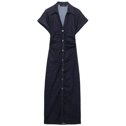 TRAF Women’s Denim Bodycon Dress – Summer 2025 Blue Button Ruffled Batwing Sleeve Long Casual Beach Vestido