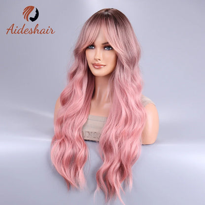 Long Body Wave Ombre Black Pink Cosplay Wigs: Heat Resistant Synthetic Wigs with Middle Part - Natural Lolita Wigs for Women