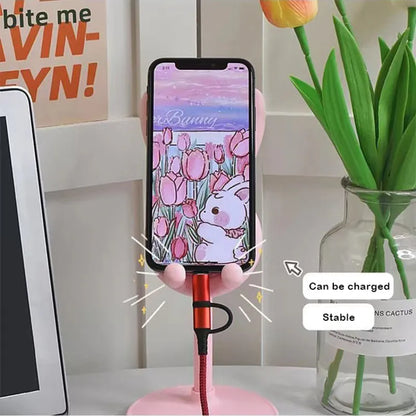Pink Desktop Cell Phone Stand - Adjustable Lovely Rabbit Cartoon Table Support for iPhone 13, 14, Samsung Smartphone