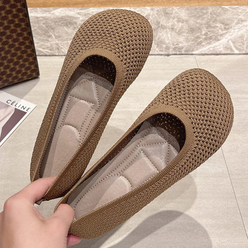Big Size 42 Women’s Knitted Breathable Flats – Soft Bottom Casual Slip-On Ballet Loafers and Boat Shoes