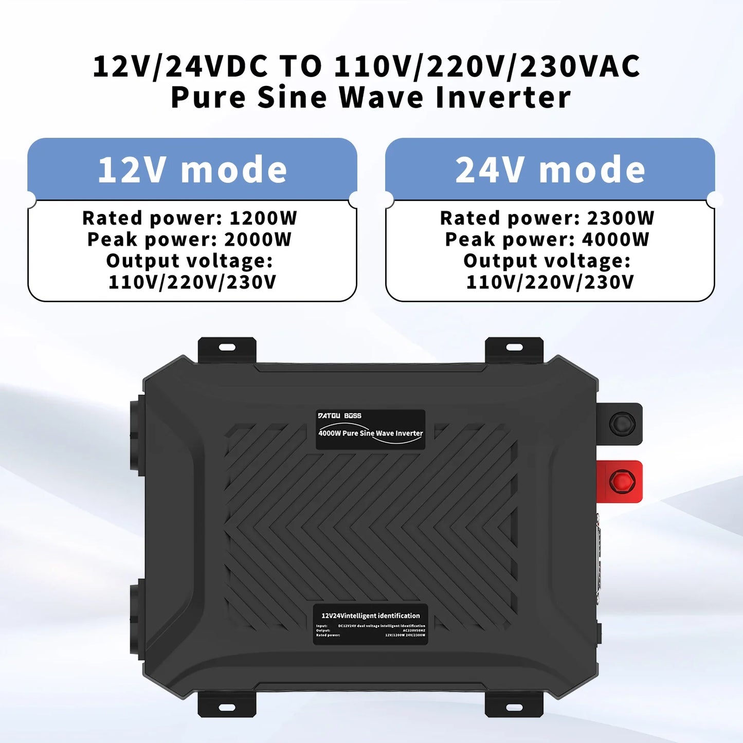 DATOU BOSS Pure Sine Wave Inverter — 12V/24V to 220V, 1200W-2300W, Peak 4000W