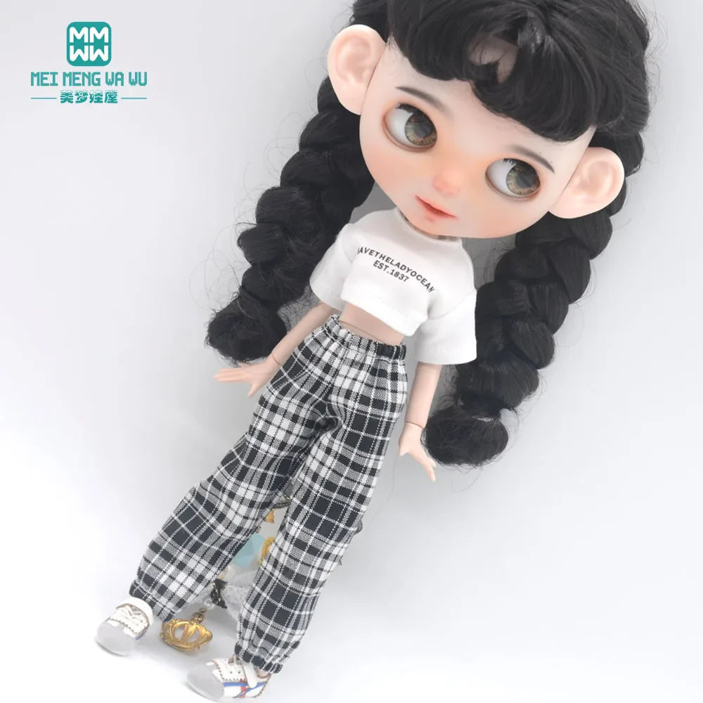 Blythe Doll Clothes – Fashion Tops, Black & White Shirts with Jeans & Plaid Pants for Azone OB22/OB24 Dolls