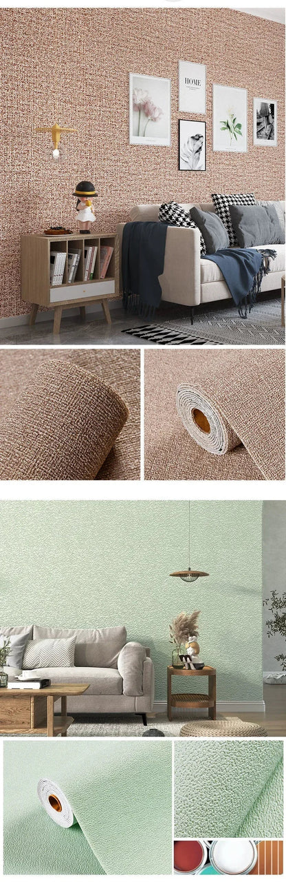 Linen 3D Foam Self-Adhesive PVC Wallpaper - Solid Color, Thickened Waterproof Wall Stickers for Home Renovation & Decor