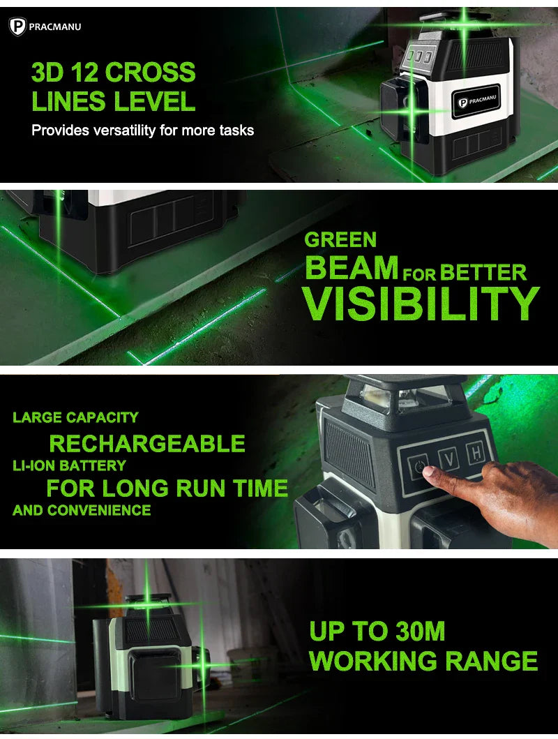 Pracmanu Mini 12-Line 3D Laser Level — Self-Leveling 360° Horizontal & Vertical Green Laser Beam