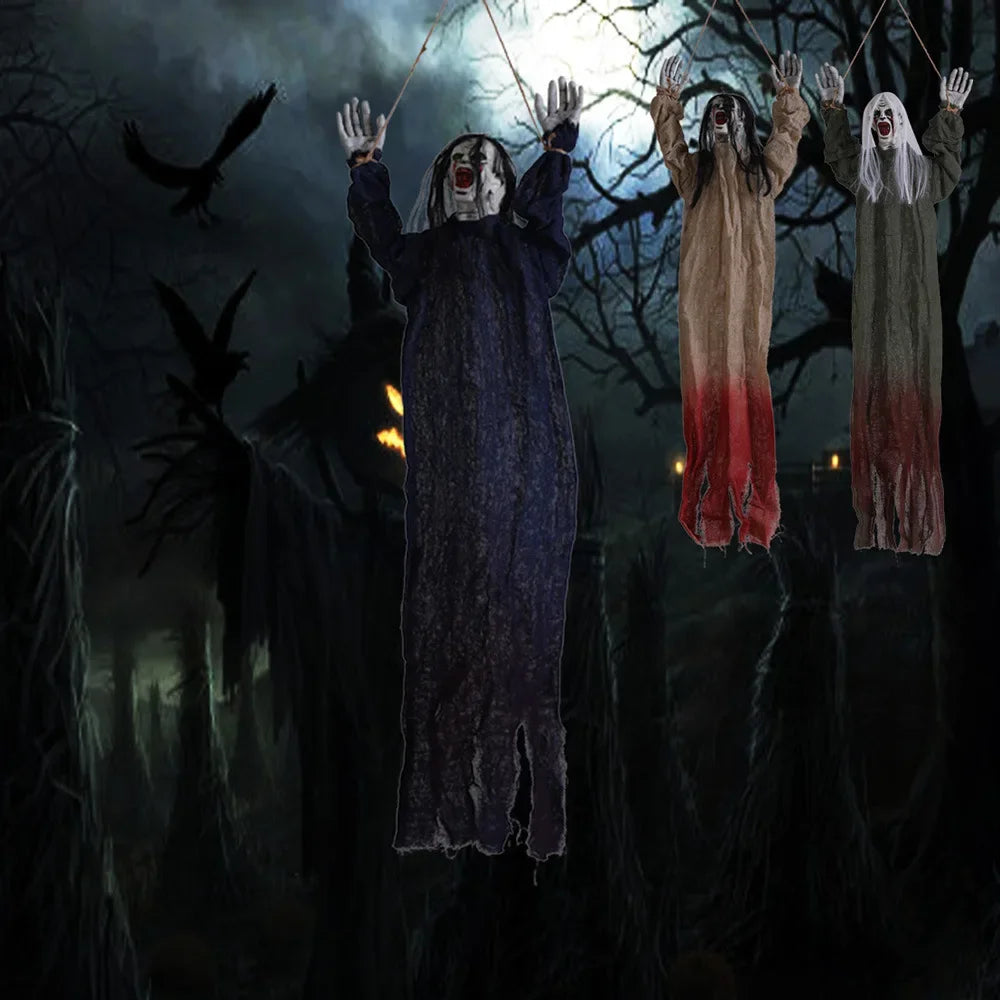 Halloween Hanging Ghost Decoration — Movable Skeleton Horror Prop with Long Hair for Haunted House and Bar 2025